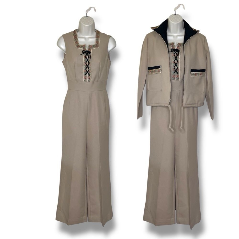 Vintage 70s Jerell of Texas Tan Sleeveless Jumpsuit Jacket Floral Braid Women 5
